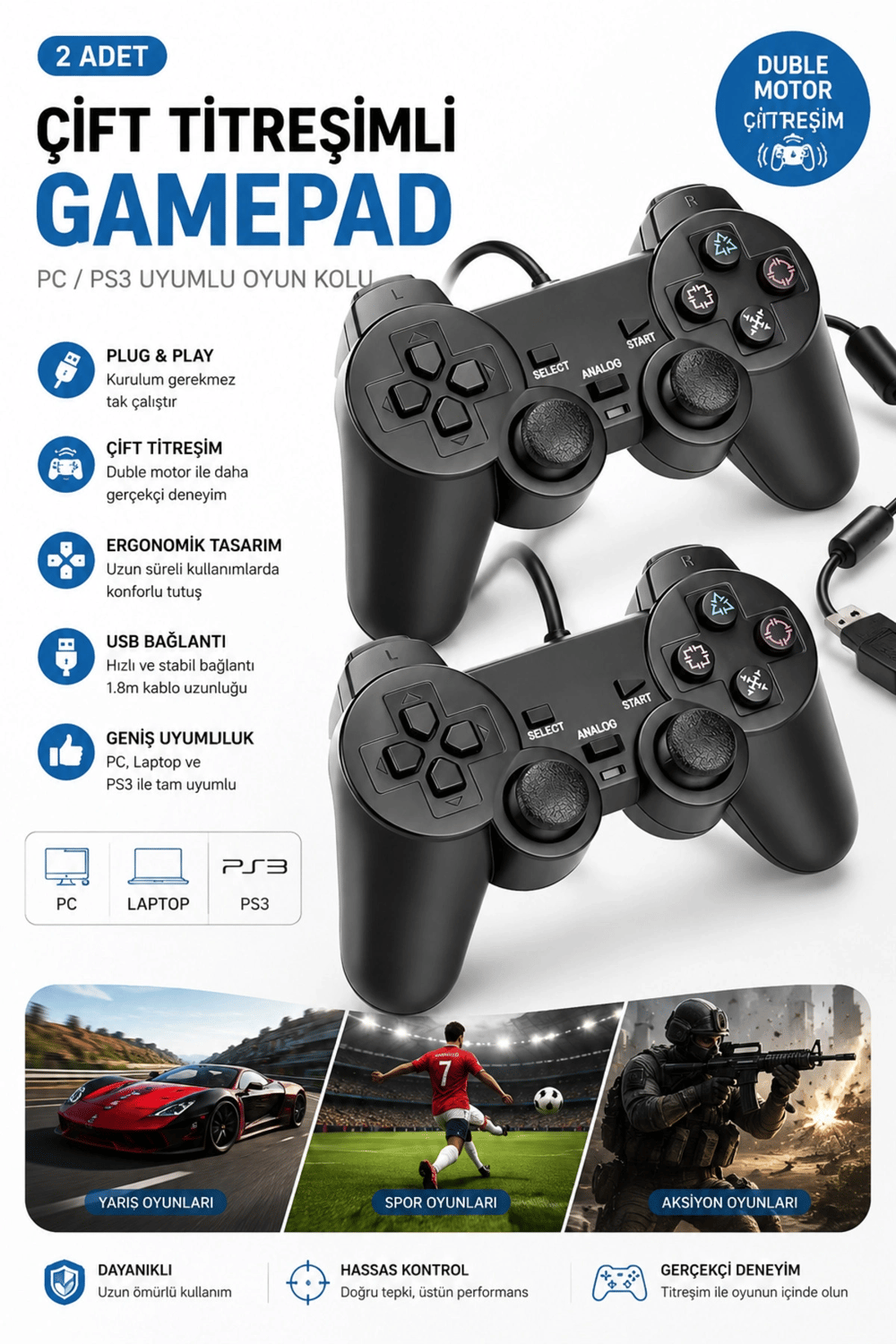 Siyah kablolu çift motorlu titreşimli joystick PC uyumlu USB bağlantılı 1 yıl garantili