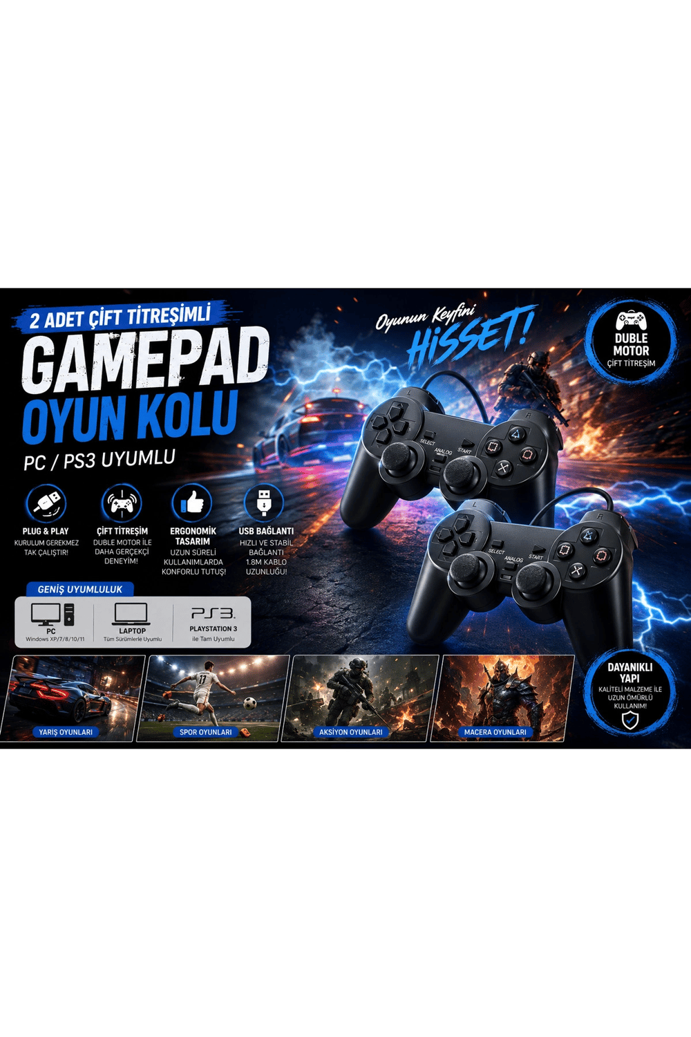Siyah kablolu çift motorlu titreşimli joystick PC uyumlu USB bağlantılı 1 yıl garantili