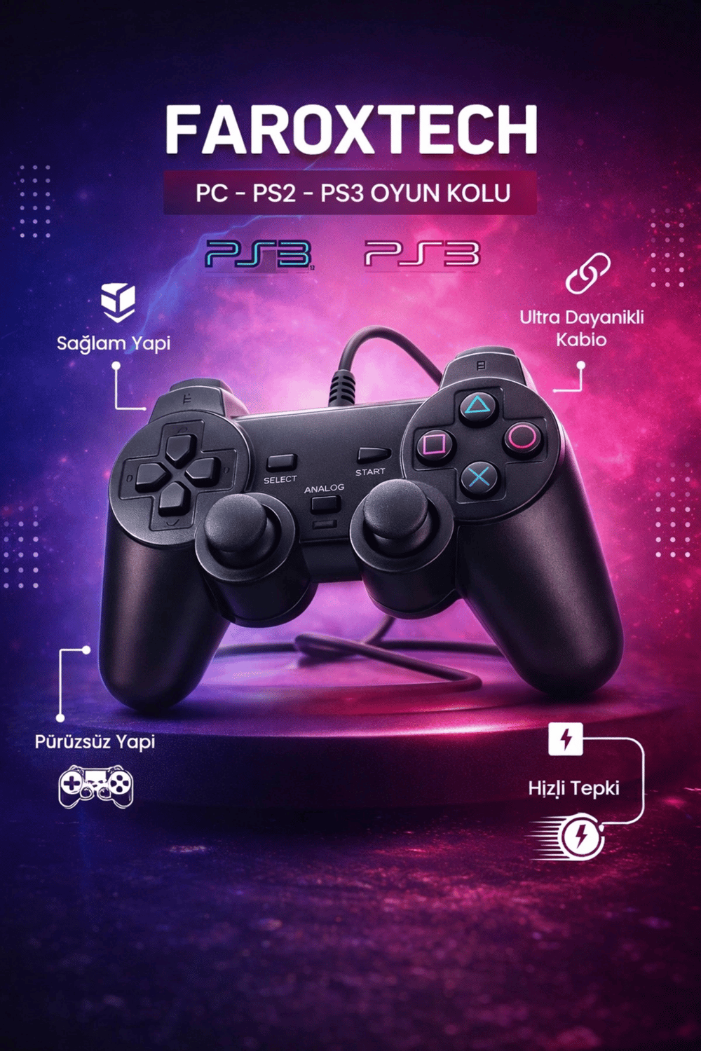 Siyah kablolu titreşimli analog joystick PC uyumlu Bluetoothsuz garantisiz - Elektronik