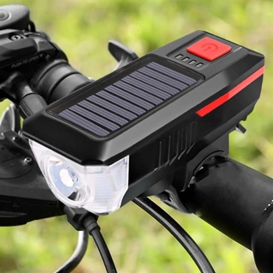 Solar Enerjili USB ile Şarj Edilebilir Ledli Bisiklet Feneri Kornalı ve Su Geçirmez Far (3936)