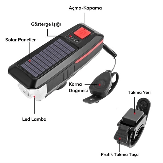 Solar Enerjili Usb İle Şarj Edilebilir Ledli Bisiklet Feneri Kornalı Ve Su Geçirmez Far Bx40