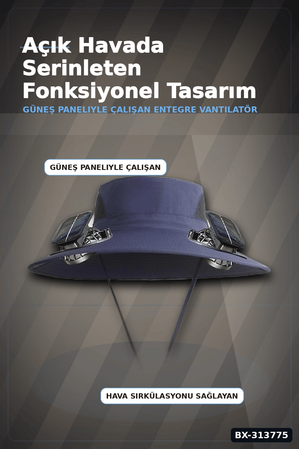Solar Fanlı Balıkçı Şapkası - Güneş Enerjili Vantilatörlü Ayarlanabilir Açık Hava Şapkası BX-313775