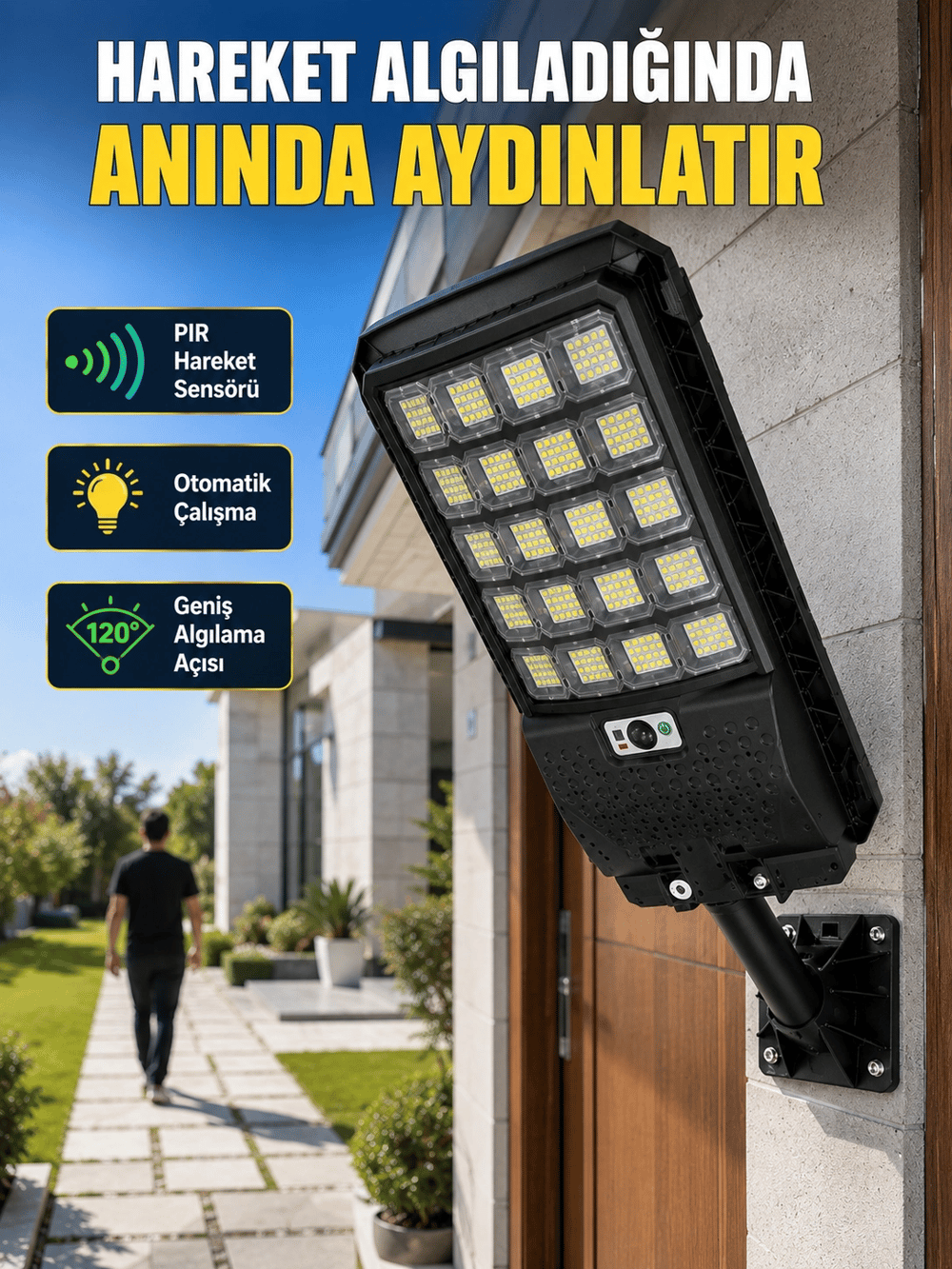 Solar LED Bahçe Lambası Hareket Sensörlü Uzaktan Kumandalı Dış Mekan Aydınlatma