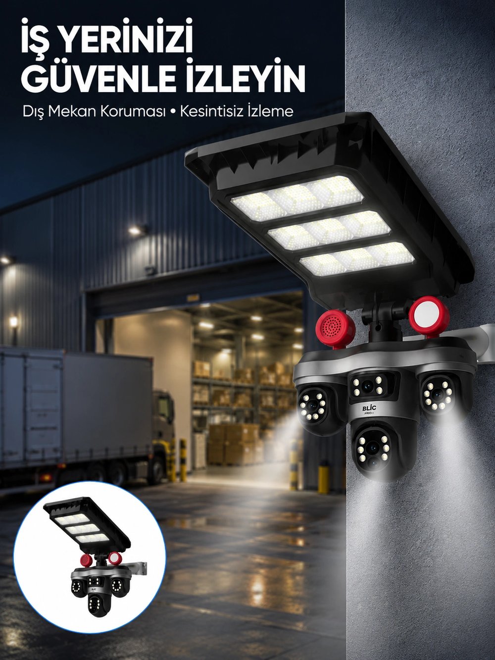 Solar Panelli 3 Lens Dış Mekan Güvenlik Kamerası Hareket Algılamalı LED Aydınlatmalı