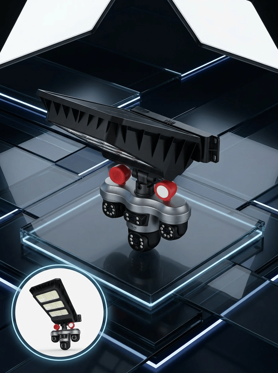Solar Panelli 3 Lens Dış Mekan Güvenlik Kamerası Hareket Algılamalı LED Aydınlatmalı