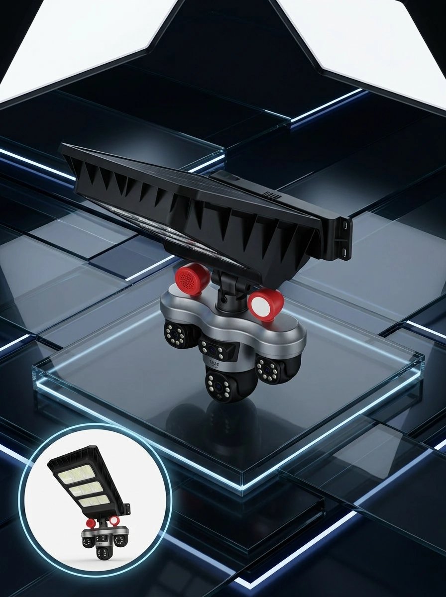 Solar Panelli 3 Lens Dış Mekan Güvenlik Kamerası Hareket Algılamalı LED Aydınlatmalı