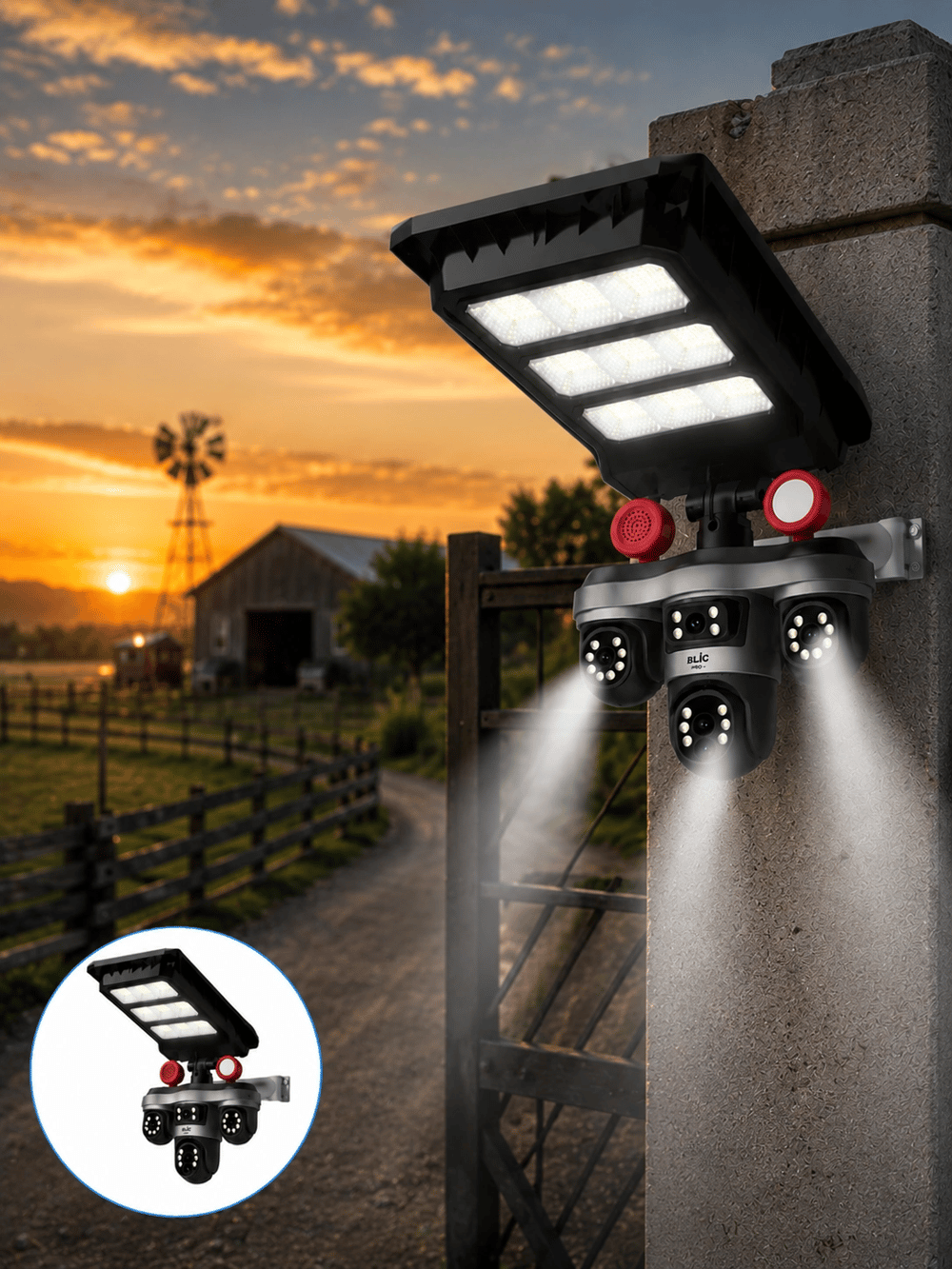 Solar Panelli 3 Lens Dış Mekan Güvenlik Kamerası Hareket Algılamalı LED Aydınlatmalı