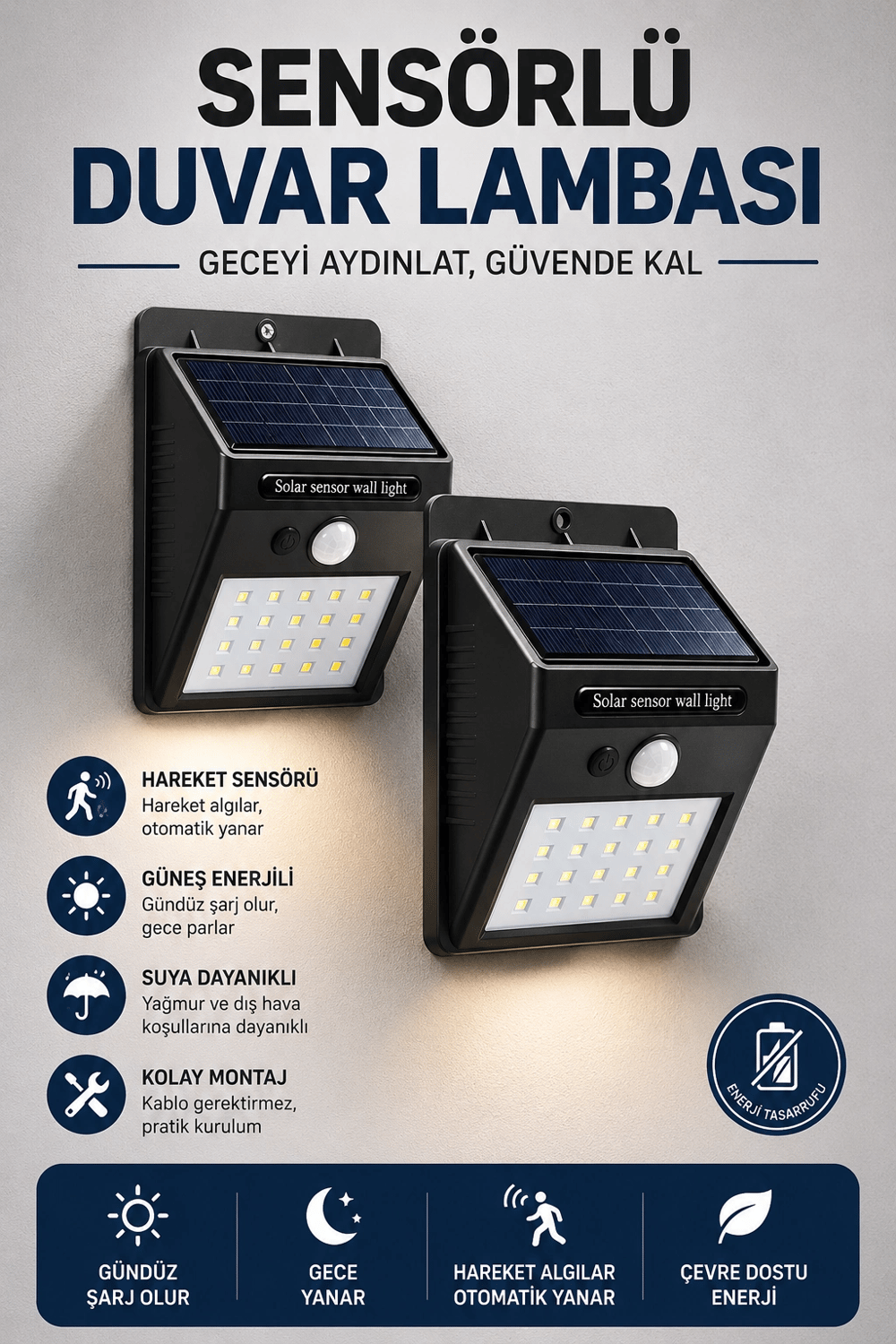Solar Sensörlü Duvar Lambası Bahçe Lamba 20 Led Işık
