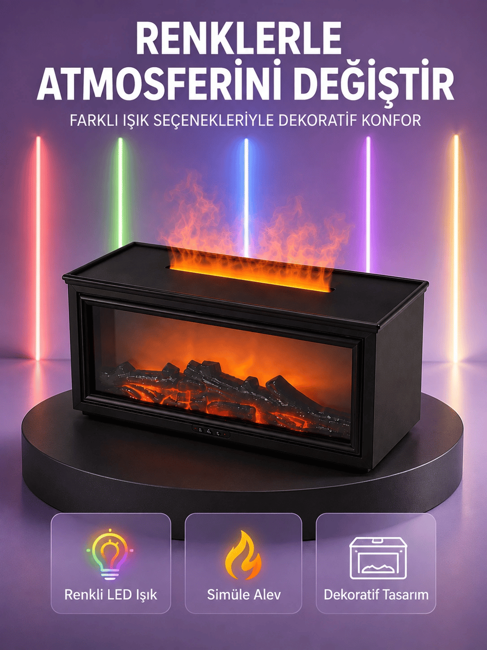 Şömine Görünümlü Hava Nemlendirici Renkli LED Işıklı Aroma Difüzörü