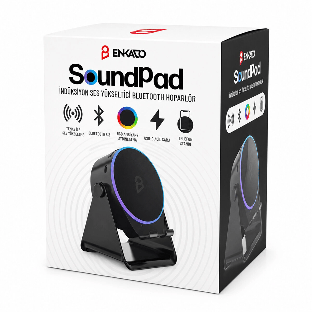 SoundPad Bluetooth Hoparlör - İndüksiyon Temas Özellikli - Telefon Standlı - Type-C Şarj - RGB Ambiyans Aydınlatma