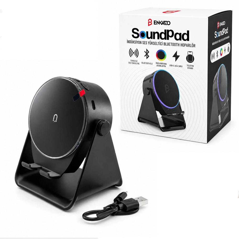 SoundPad Bluetooth Hoparlör - İndüksiyon Temas Özellikli - Telefon Standlı - Type-C Şarj - RGB Ambiyans Aydınlatma