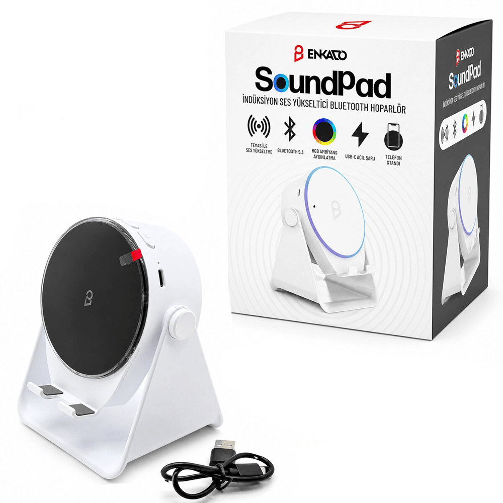 Soundpad 5ın1 - 5w - 2000mah Temas İle Ses Yükseltme - Telefon Stand - Usb-c Şarj Beyaz İndiksiyon Ses Yükseltici Bluetooth Hoparlör Speaker Ekd-s11 Bx40