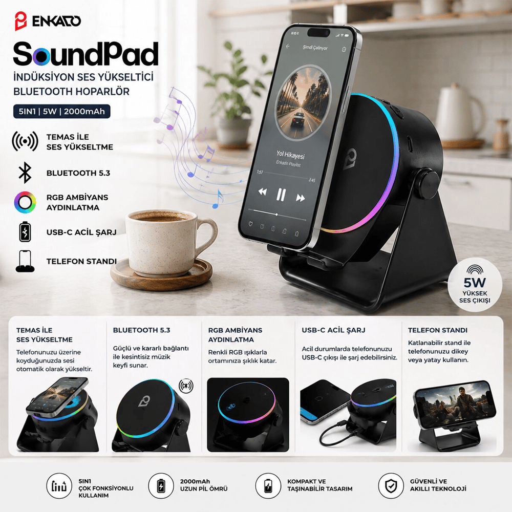 Soundpad 5ın1 - 5w - 2000mah Temas İle Ses Yükseltme - Telefon Stand - Usb-c Şarj Siyah İndiksiyon Ses Yükseltici Bluetooth Hoparlör Speaker Ekd-s10 Bx40