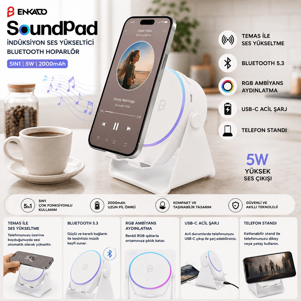 Soundpad 5ın1 - 5w - 2000mah Temas İle Ses Yükseltme - Telefon Stand - Usb-c Şarj Beyaz İndiksiyon Ses Yükseltici Bluetooth Hoparlör Speaker Ekd-s11 Bx40