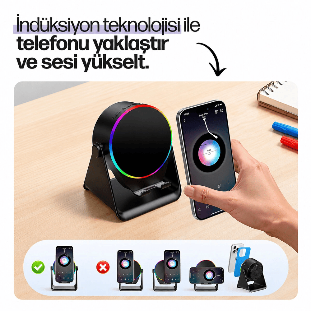 Soundpad 5ın1 - 5w - 2000mah Temas İle Ses Yükseltme - Telefon Stand - Usb-c Şarj Siyah İndiksiyon Ses Yükseltici Bluetooth Hoparlör Speaker Ekd-s10 Bx40