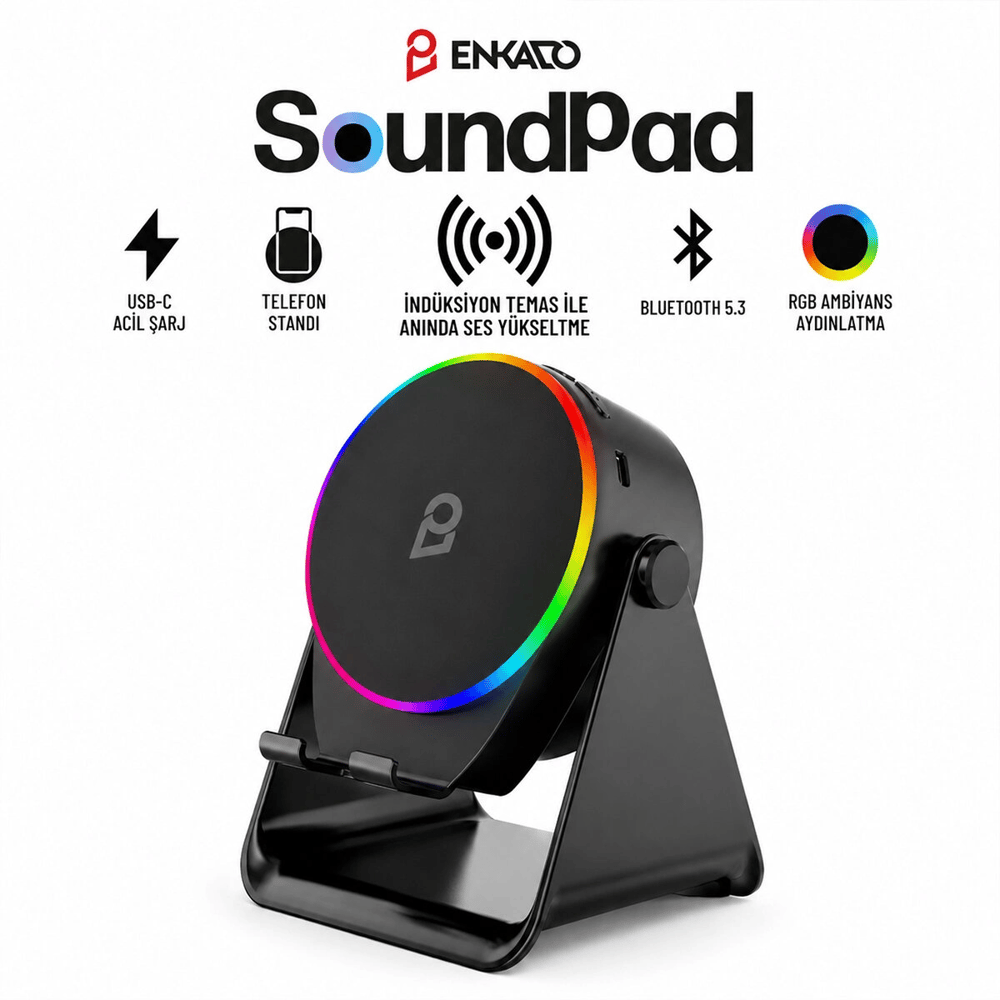 Soundpad 5ın1 - 5w - 2000mah Temas İle Ses Yükseltme - Telefon Stand - Usb-c Şarj Siyah İndiksiyon Ses Yükseltici Bluetooth Hoparlör Speaker Ekd-s10 Bx40