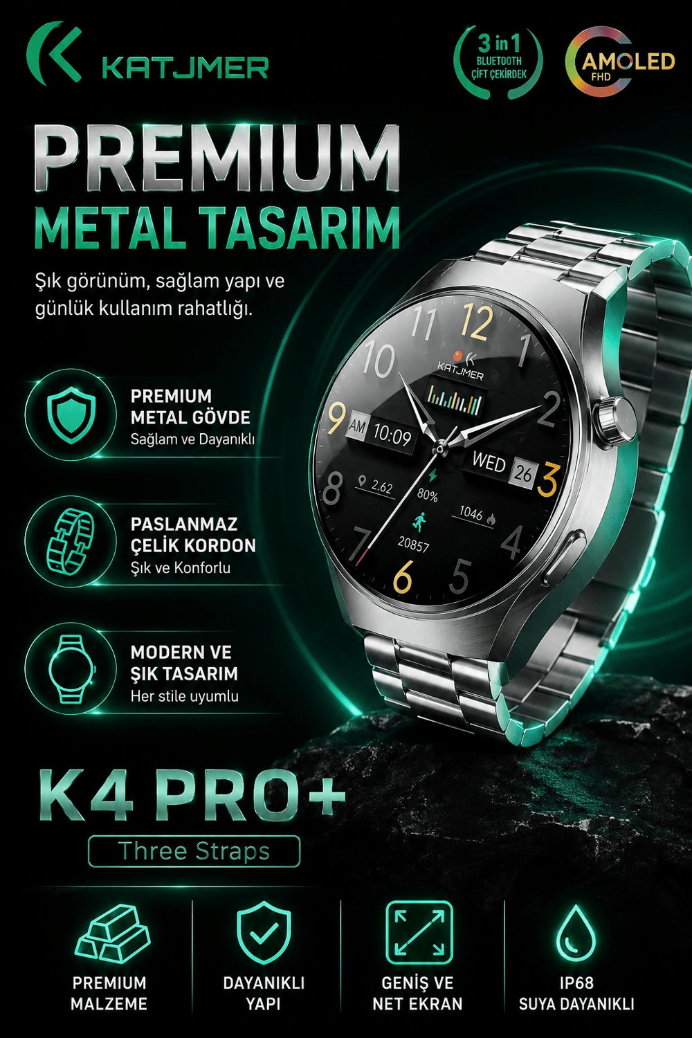 Spor Modlu Bildirim Özellikli Akıllı Saat Metal Kordonlu Üç Kayışlı Günlük Kullanım Seti