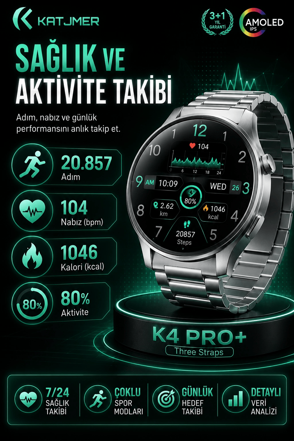 Spor Modlu Bildirim Özellikli Akıllı Saat Metal Kordonlu Üç Kayışlı Günlük Kullanım Seti