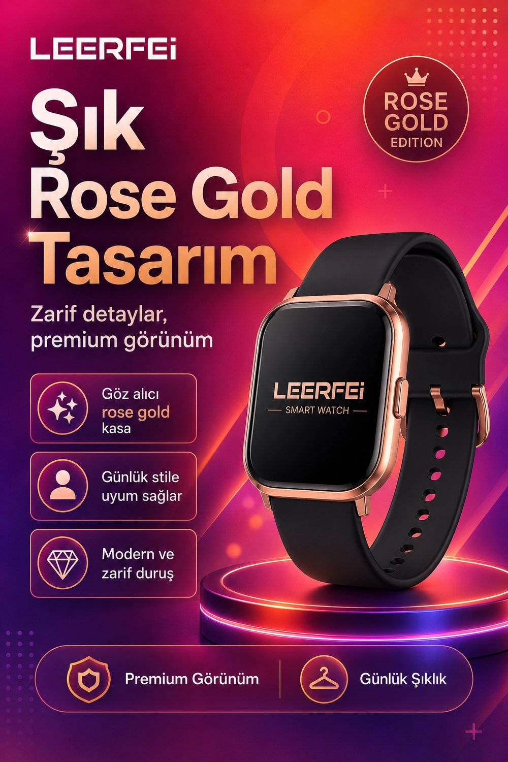 Spor Modlu Kablosuz Şarjlı Akıllı Saat Mesaj Bildirimli Rose Gold Tasarımlı Model