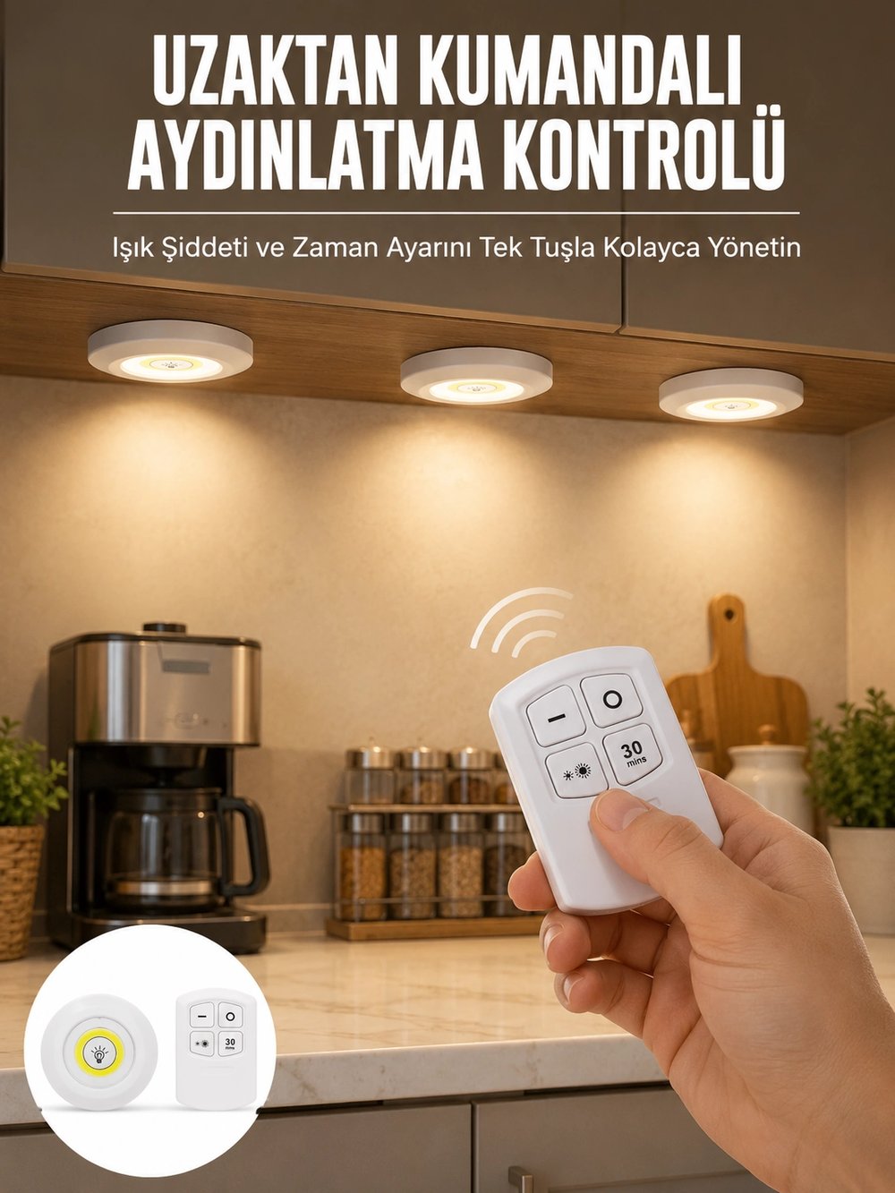 Spot Lamba Led Işık 3lü Uzaktan Kumandalı Pilli Yapışkanlı Kablosuz Yeni Nesil