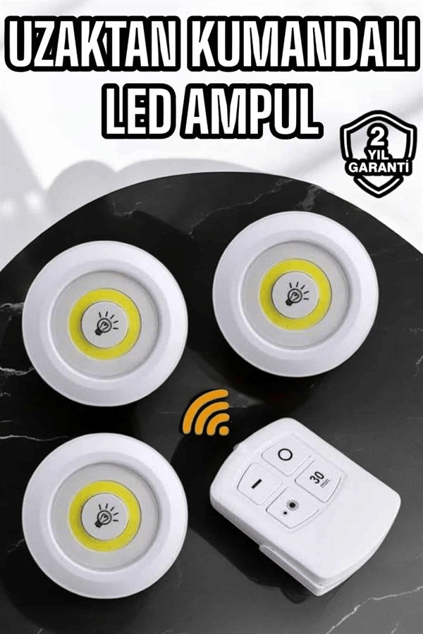 Spot Lamba Led Işık 3lü Uzaktan Kumandalı Pilli Yapışkanlı Kablosuz Yeni Nesil