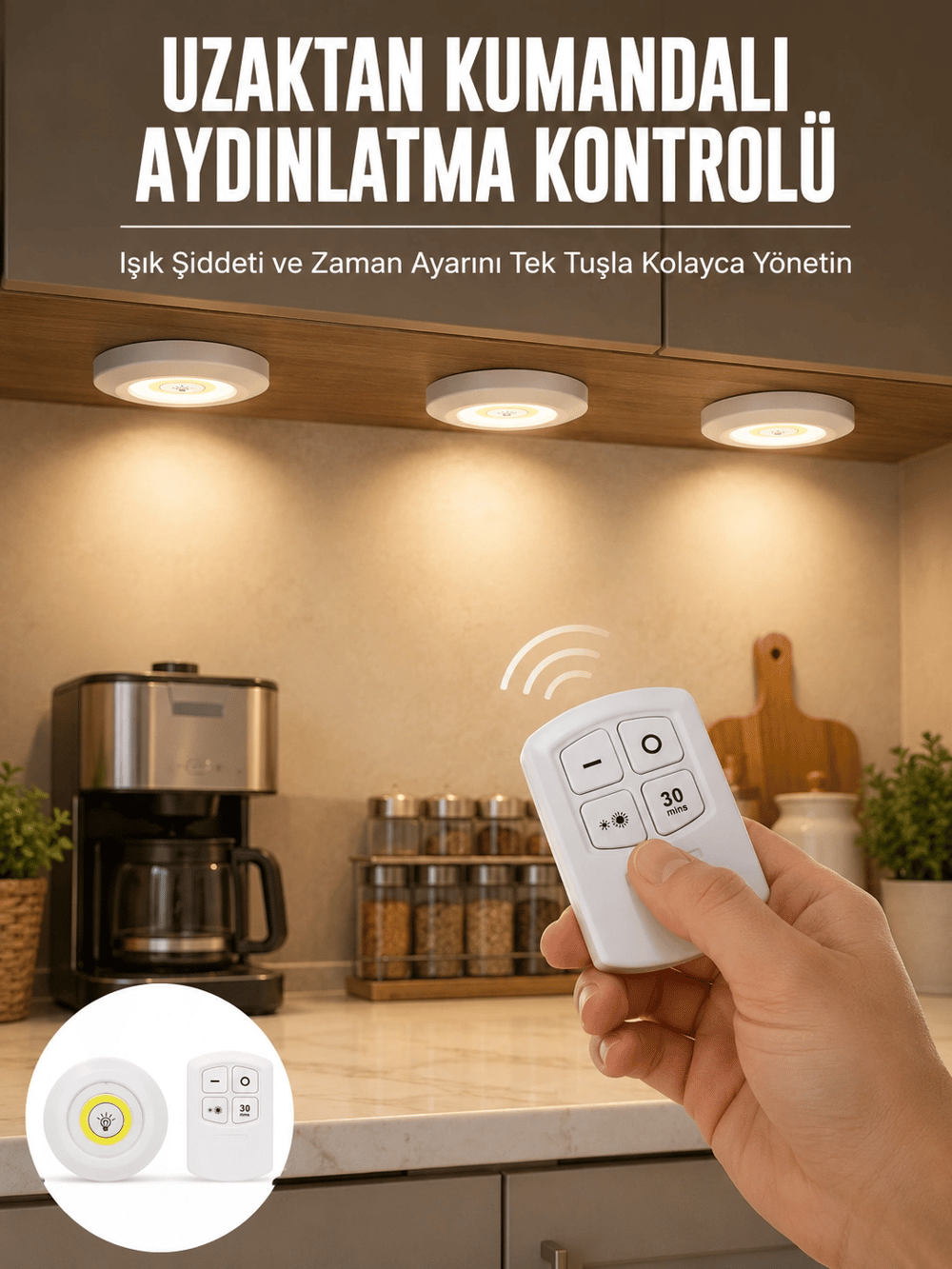 Spot Lamba Led Işık 3lü Uzaktan Kumandalı Pilli Yapışkanlı Kablosuz Yeni Nesil