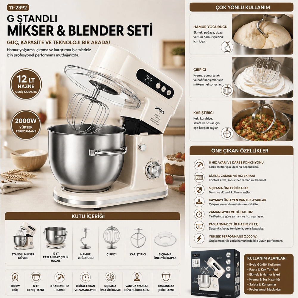 Standlı Mikser - Blender Seti Hamur Yoğurucu - Çırpıcı - Karıştırıcı 8kadem. Hız Ayar 12lt Hazne 2000w Smx-2779 Bx40