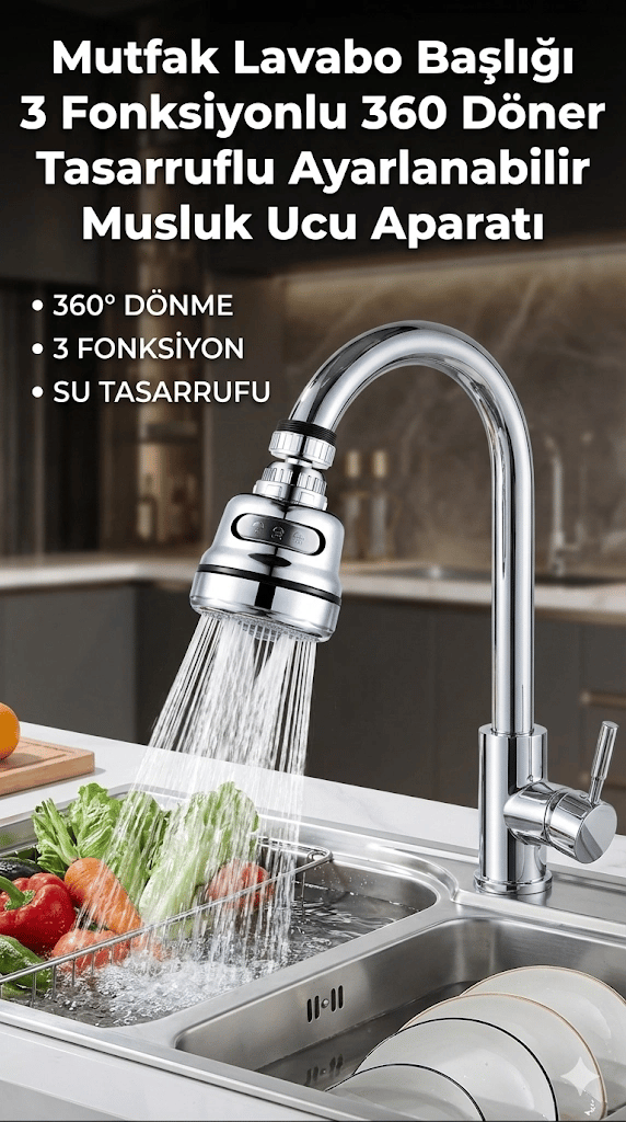 Su Tasarruflu Krom 3 Fonksiyonlu Döner Musluk Ucu Mutfak Evye Banyo Lavabo Çeşme Batarya Aparatı