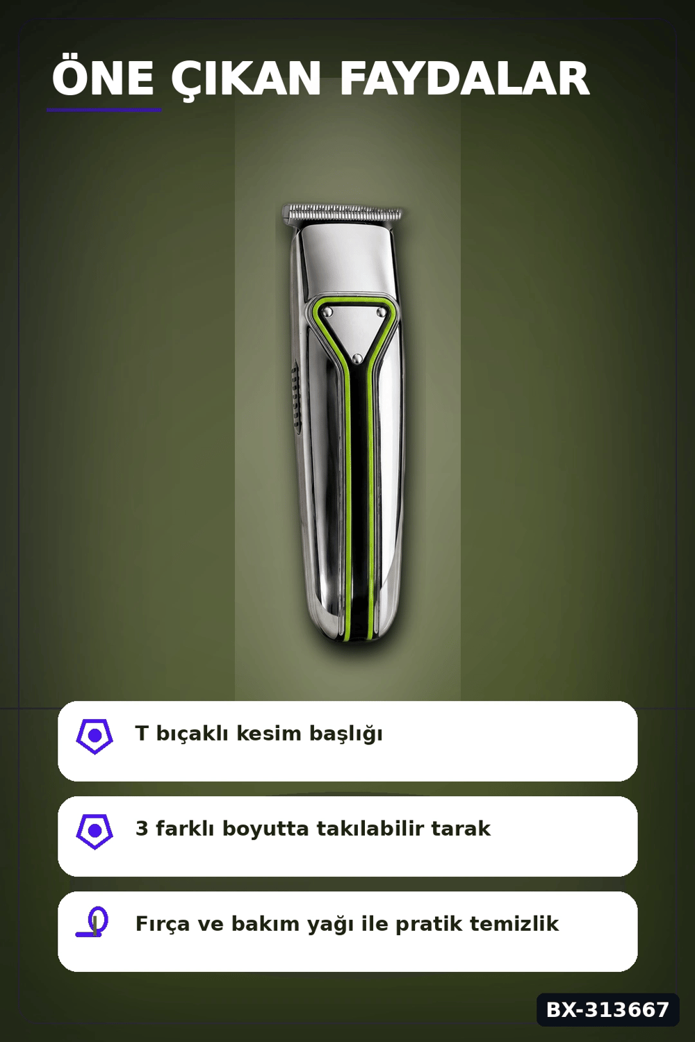 T Bıçaklı Profesyonel Saç Sakal Kesme Makinesi USB Şarjlı 3 Taraklı Erkek Bakım Seti BX-313667