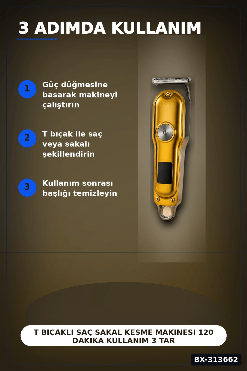 T Bıçaklı Saç Sakal Kesme Makinesi 120 Dakika Kullanım 3 Tarak USB Şarjlı Profesyonel BX-313662