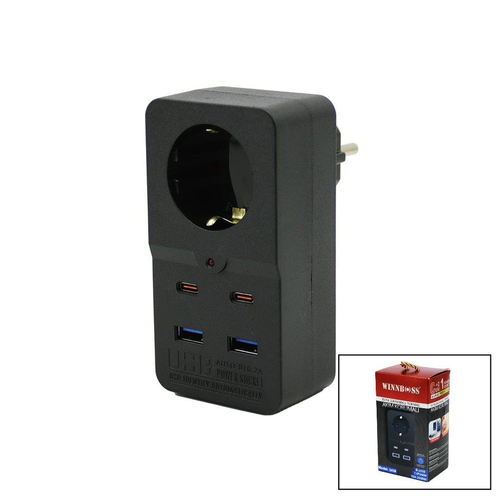 TERMAL AKIM KORUMALI  1XPRİZ 2X USB 2X TYPE-C DUVAR TİPİ PRİZ SİYAH 10A - 2500W (3936)
