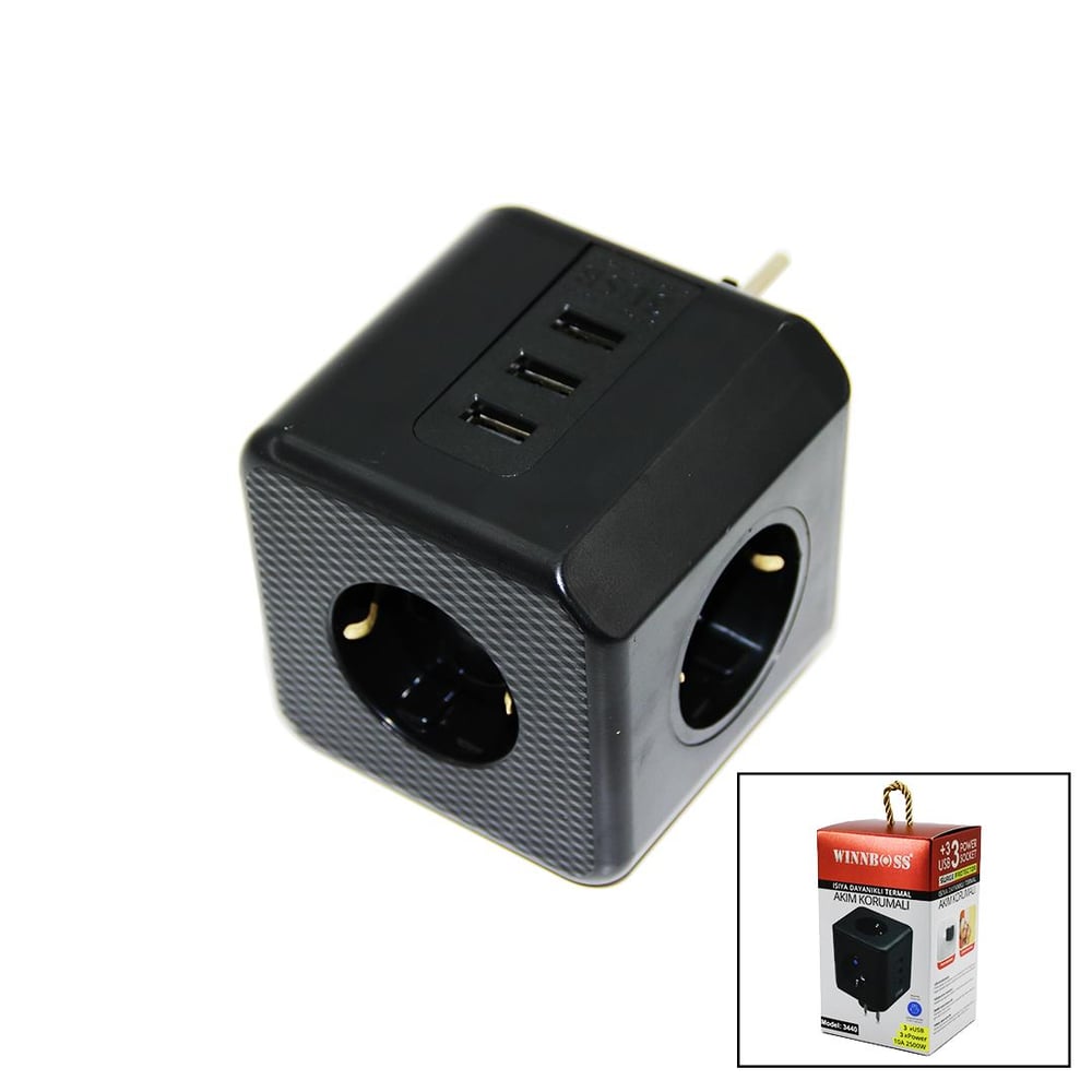 TERMAL AKIM KORUMALI  3X PRİZ 3X USB DUVAR TİPİ PRİZ SİYAH 10A - 2500W (3936)