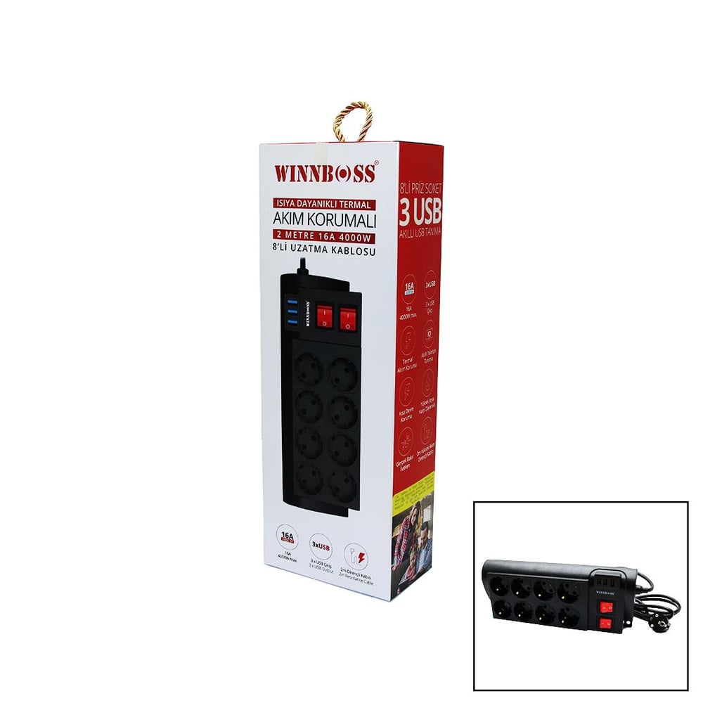 TERMAL AKIM KORUMALI 16A 8Lİ PRİZ 3XUSB 2MT ANAHTARLI UZATMA KABLO SİYAH (3936)