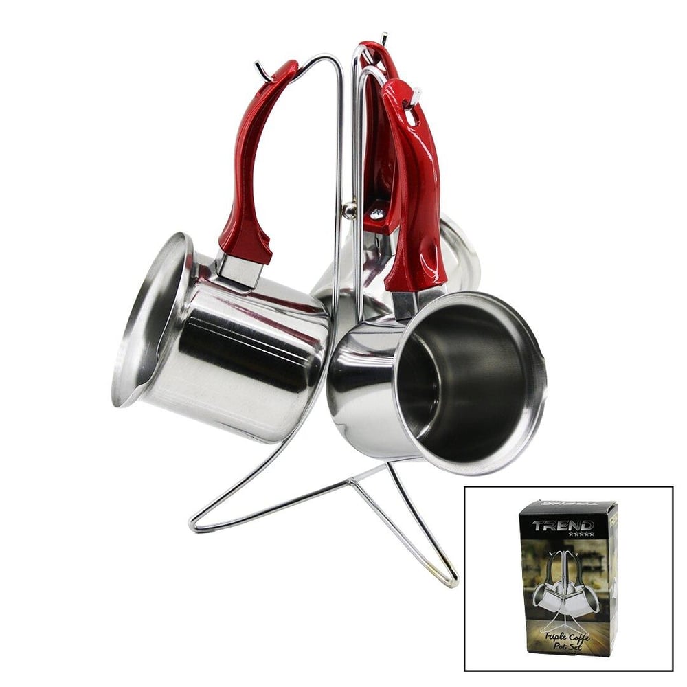 TREND  3LÜ SET   NO-3-4-5  ÇELİK CEZVE  METAL STANDLI   RENKLİ PLASTİK KULPLU (3936)