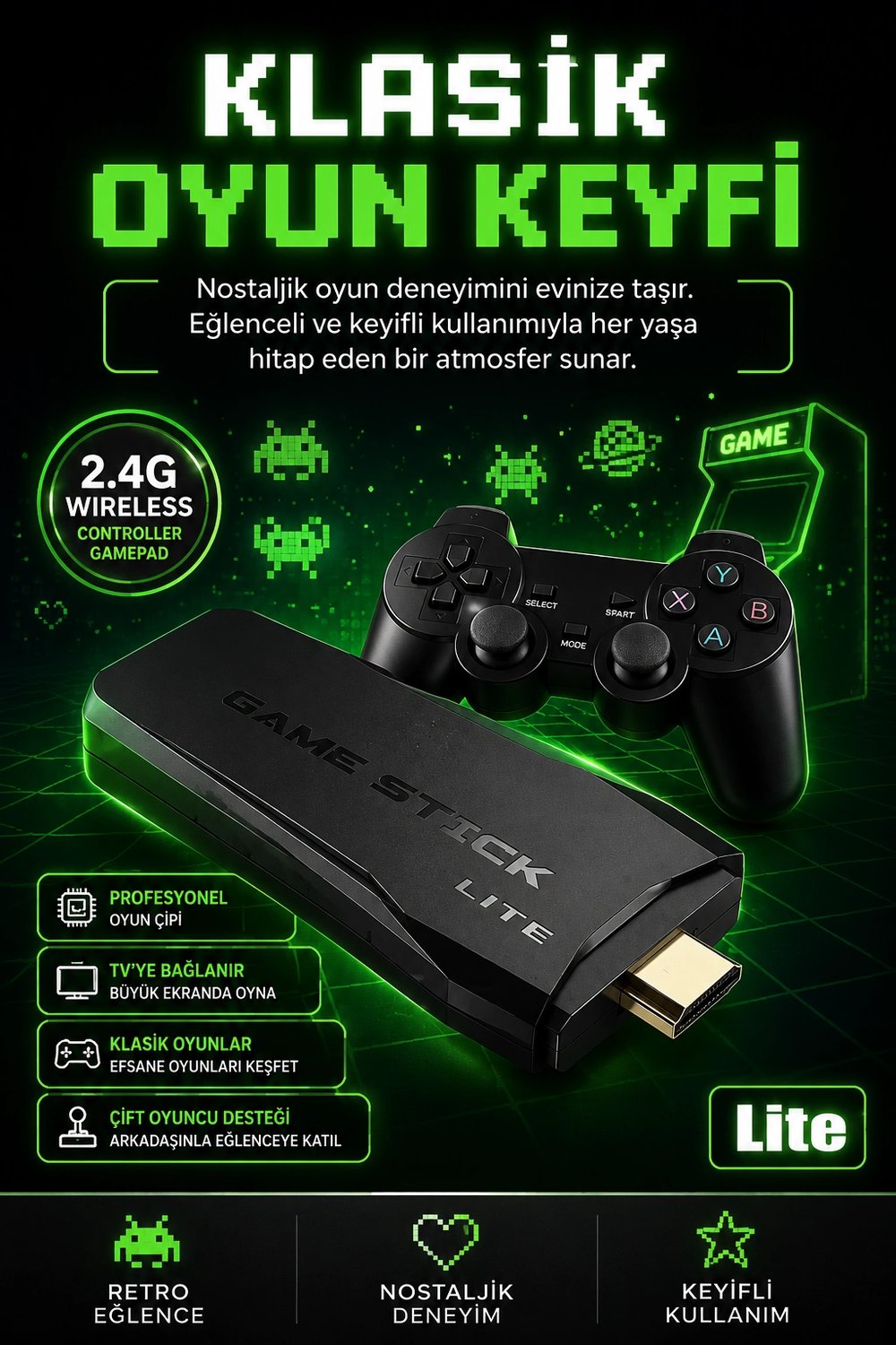 TV Uyumlu Kablosuz Oyun Konsolu Çift Gamepadli Klasik Arcade Oyun Cihazı Seti