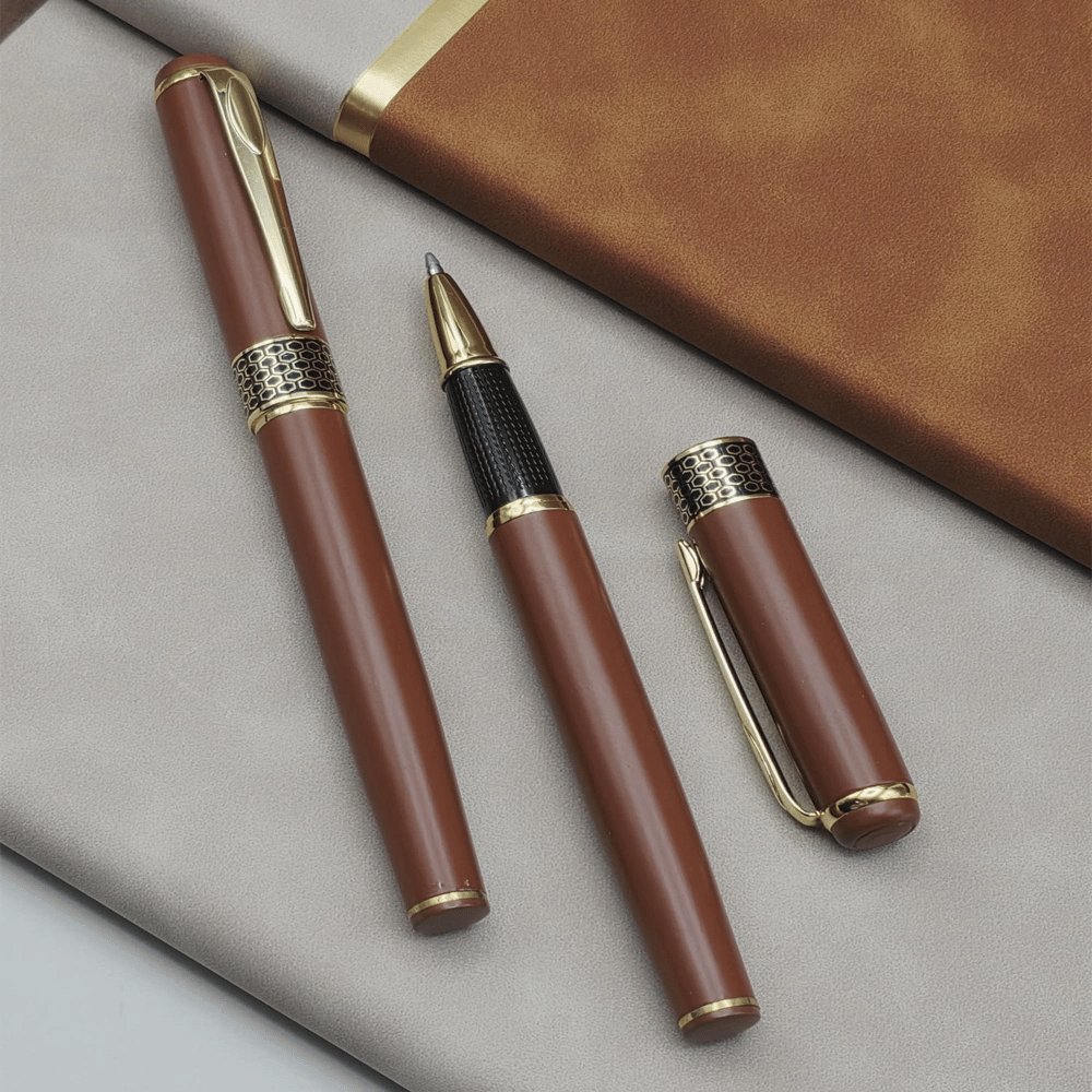 Taba Rengi Gold Detaylı Termo Deri Defter Ve Metal Roller Kalem Hediye Seti