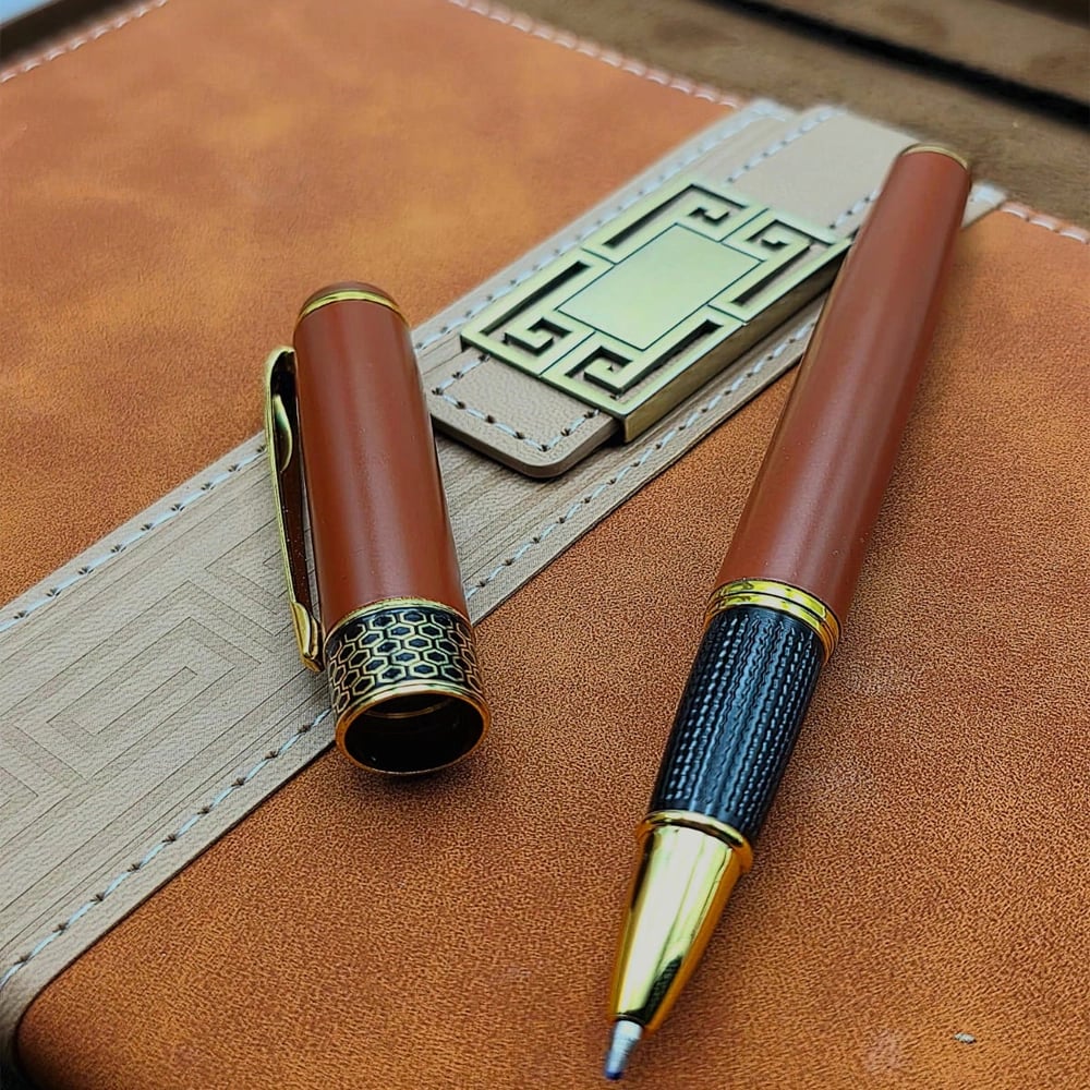 Taba Rengi Termo Deri Defter Ve Metal Roller Kalem Seti