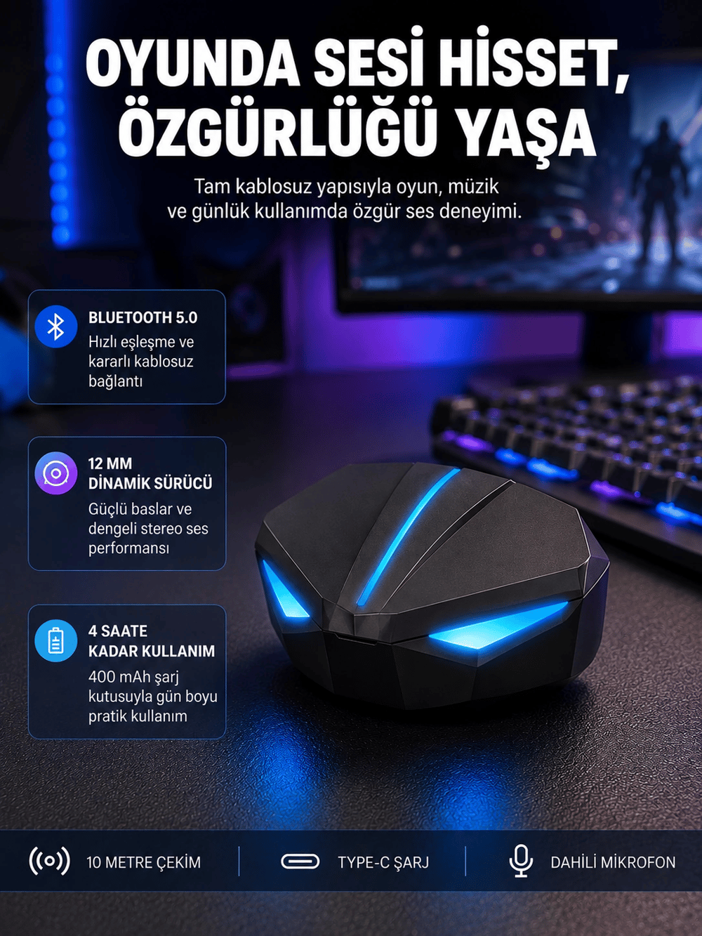 Tam Kablosuz Oyuncu Kulaklığı 5.0 Bluetooth LED Kontrollü Yeni Nesil