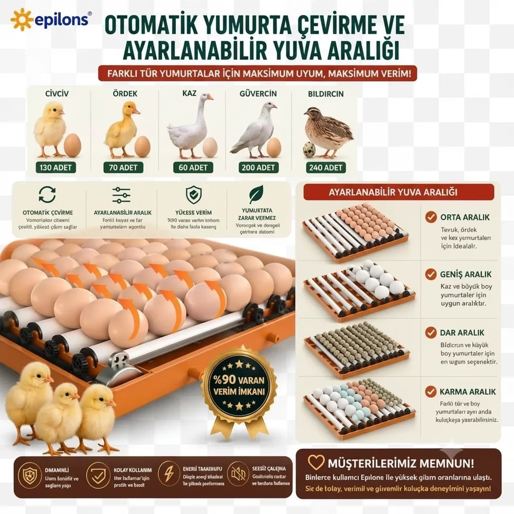 Tam Otomatik Kuluçka Makinesi 130 Yumurta Kapasiteli | Akıllı Isı ve Nem Kontrolü | Otomatik Yumurta Çevirme | Otomatik Su Sistemi | Ayarlanabilir Viyol