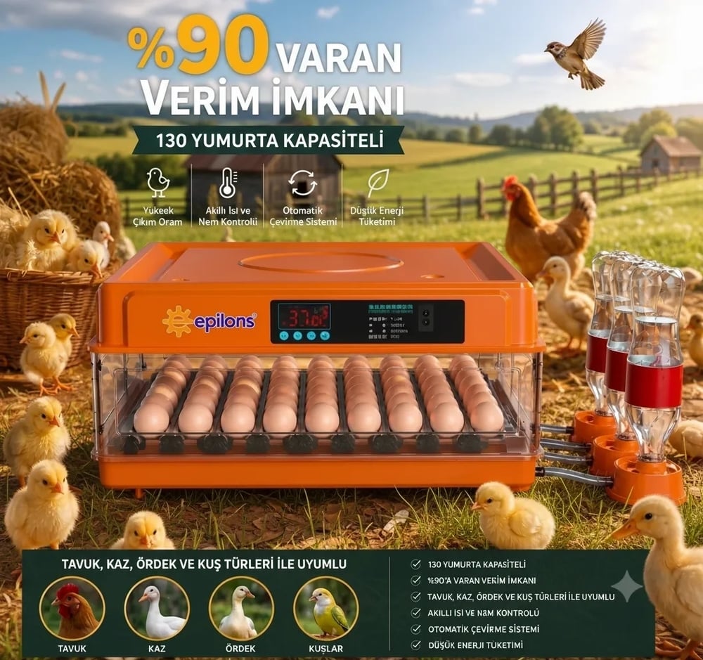 Tam Otomatik Kuluçka Makinesi 130 Yumurta Kapasiteli | Akıllı Isı ve Nem Kontrolü | Otomatik Yumurta Çevirme | Otomatik Su Sistemi | Ayarlanabilir Viyol