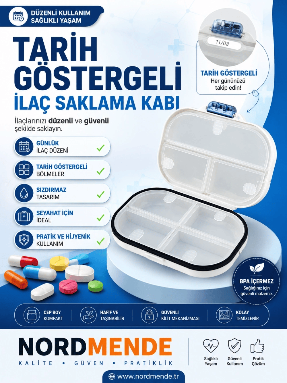 Tarih Göstergeli, Hava Sızdırmaz Ve Su Geçirmez İlaç Saklama Kutusu Haftalık Günlük İlaç Organizer Şeffaf Taşınabilir