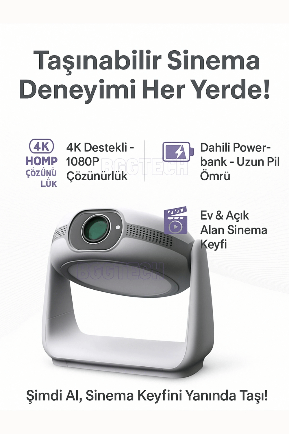 Taşınabilir 4K Destekli 1080P Projeksiyon Cihazı, Bataryalı ve Android İşletim Sistemli