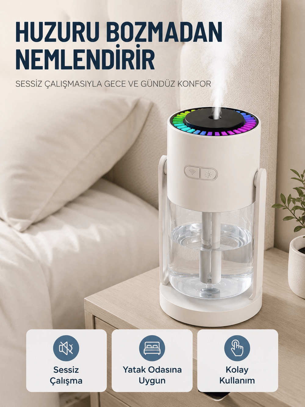 Taşınabilir Hava Nemlendirici LED Işıklı Şeffaf Hazneli Ev Ofis Yatak Odası Nemlendirme Cihazı