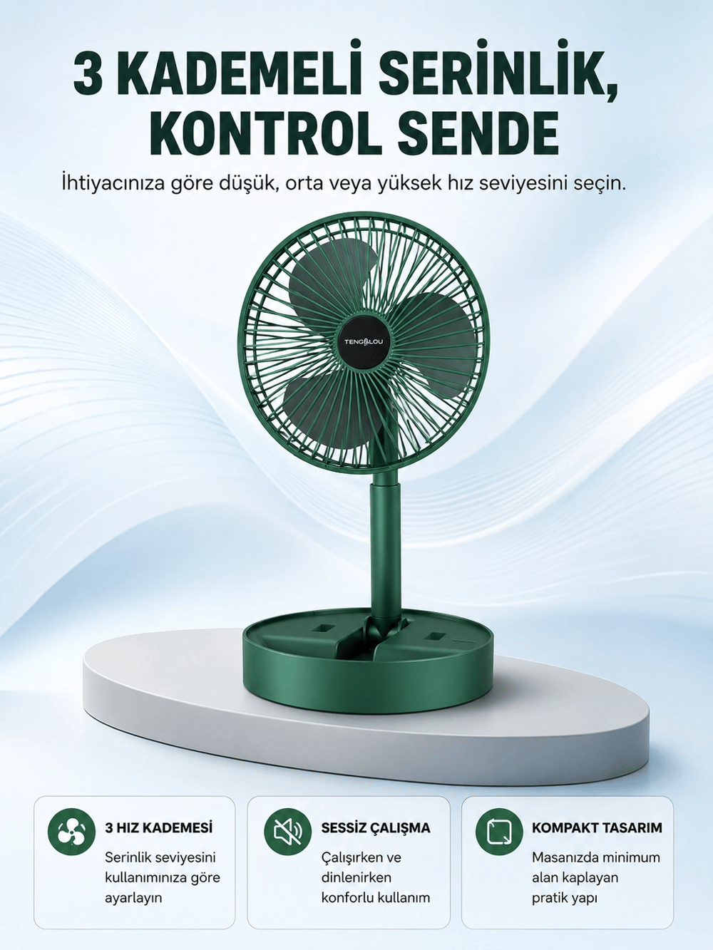 Taşınabilir Katlanabilir Mini Fan 3 Kademeli Şarj Edilebilir