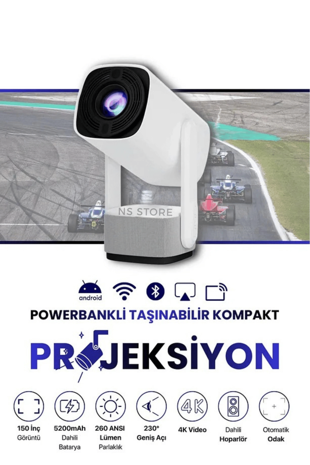 Taşınabilir LED Projeksiyon Cihazı, 1080P Çözünürlük ve 4K Destekli, Kablosuz Bağlantı Özellikli