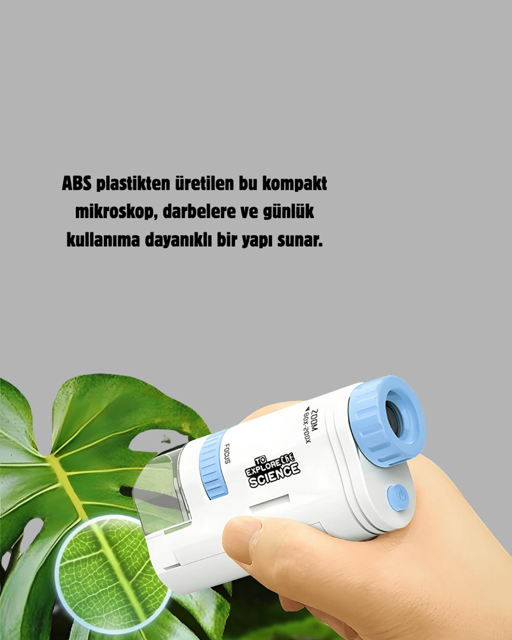 Taşınabilir Mini Mikroskop LED Işıklı 80X–200X Büyütmeli ve Odak Ayarlı