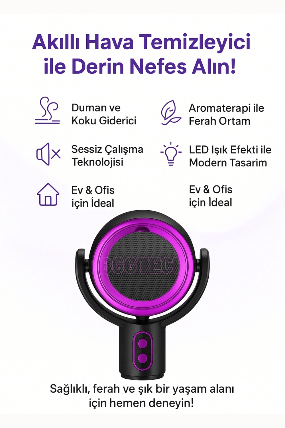 Taşınabilir Şarjlı Hava Temizleyici, Yıkanabilir Filtreli Duman ve Koku Giderici Akıllı Cihaz