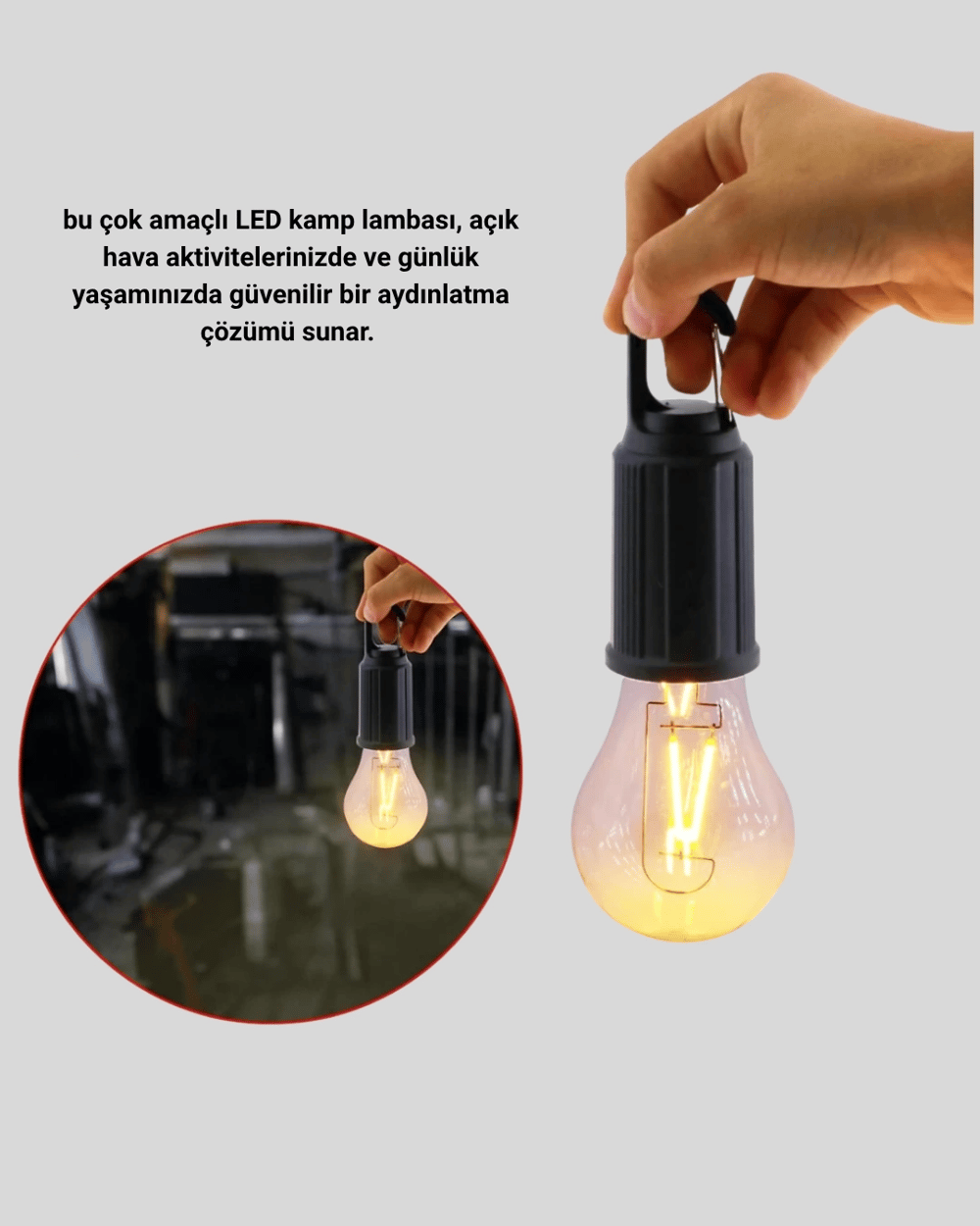 Taşınabilir Şarjlı LED Kamp Lambası – Type-C Girişli ve Kancalı Tasarım