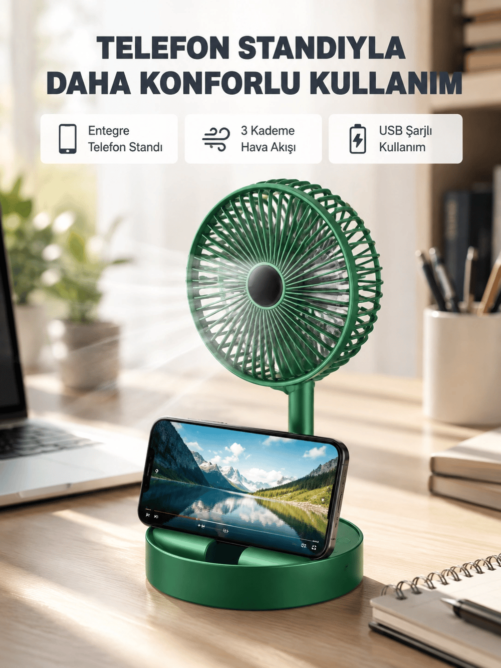 Taşınabilir Şarjlı Mini Fan – Katlanabilir Gövde, 3 Hız Kademesi