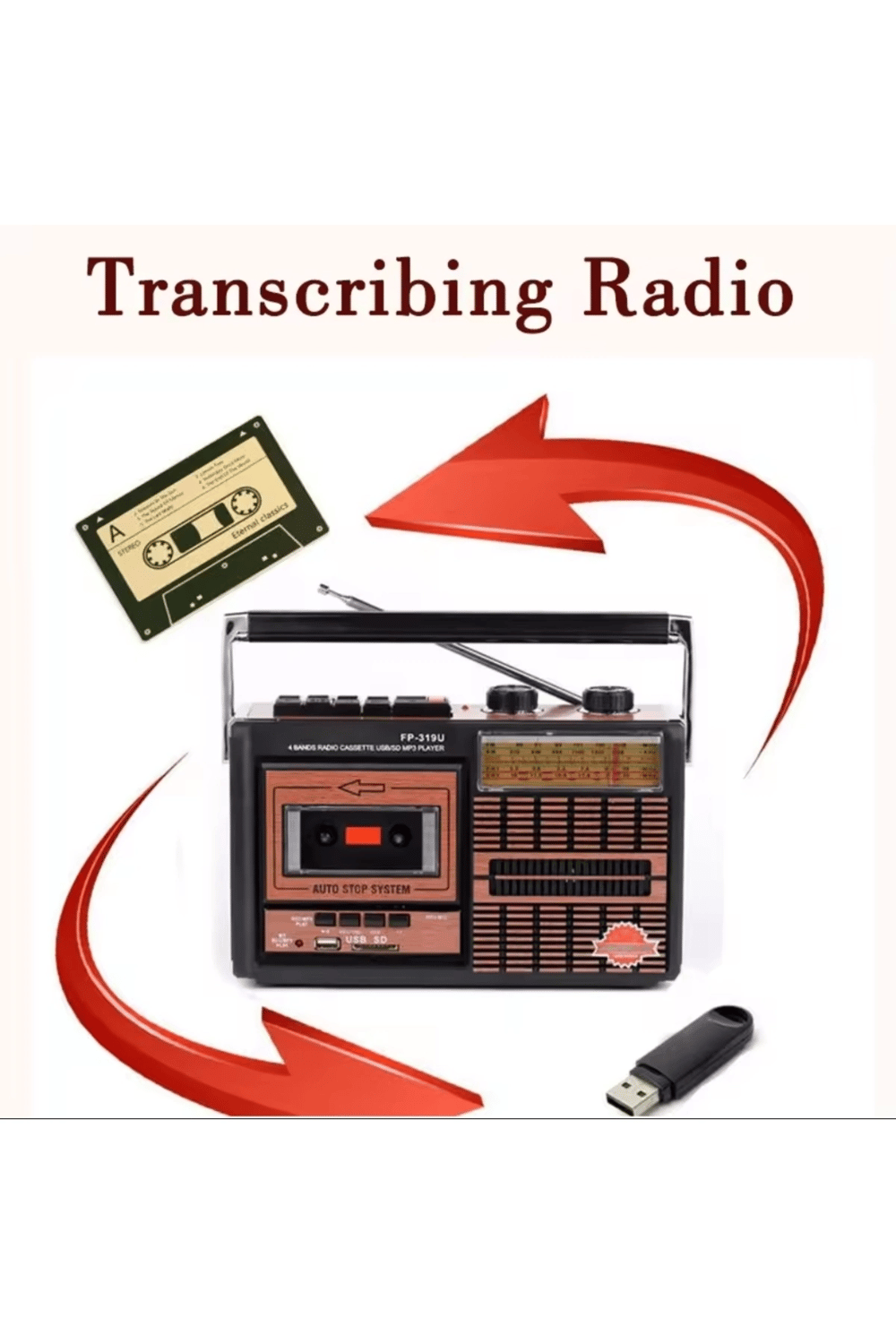 Taşınabilir nostaljik radyo USB kart FM radyo kaset çalar Bluetooth kırmızı 2 yıl garantili
